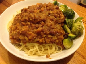 Spaghetti with bean bolognaise sauce and Brussels sprouts.